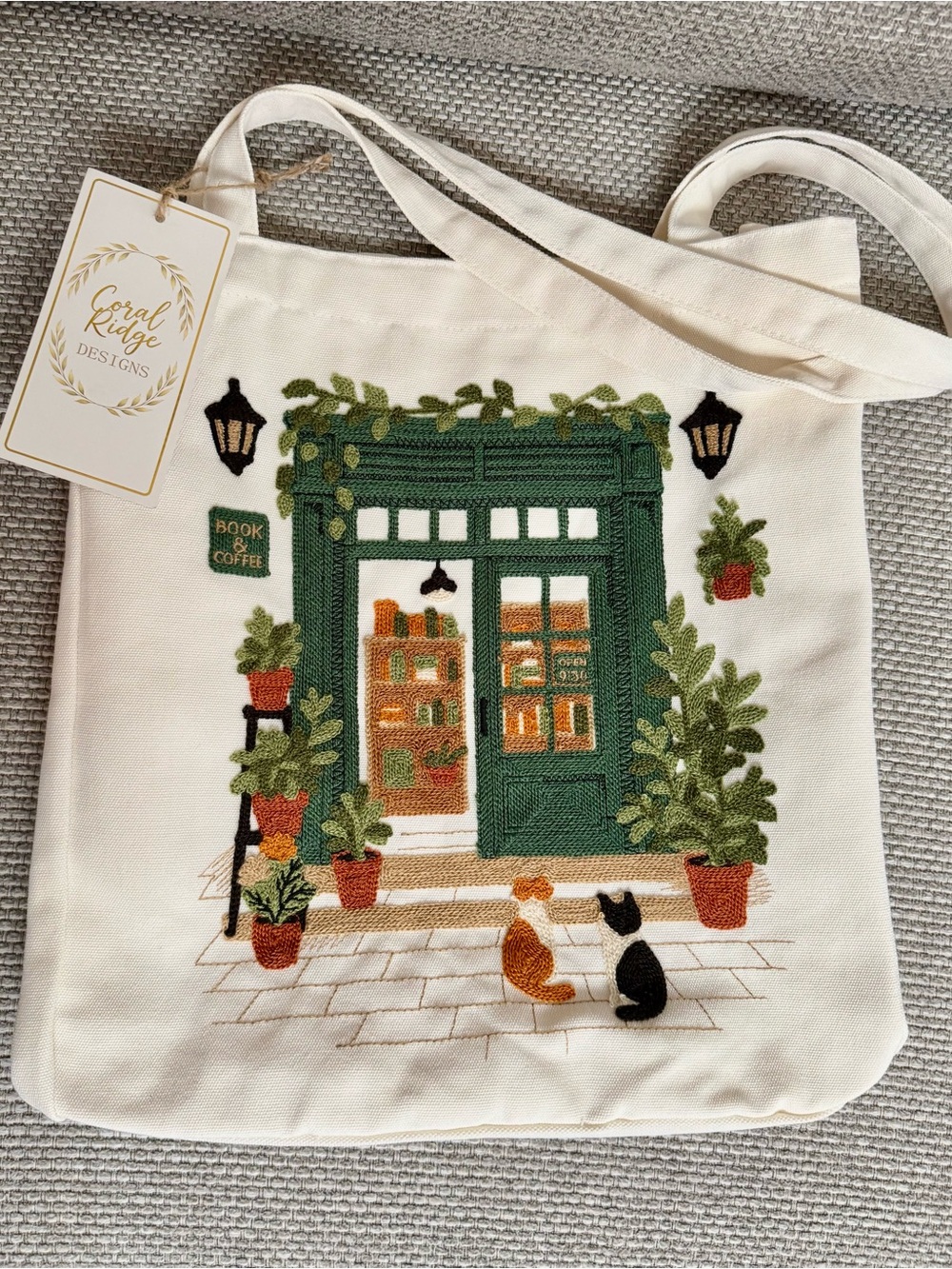 BOOK STORE & COFFEE SHOP Canvas Tote Book Bag Cats Plants Embroidered NWT